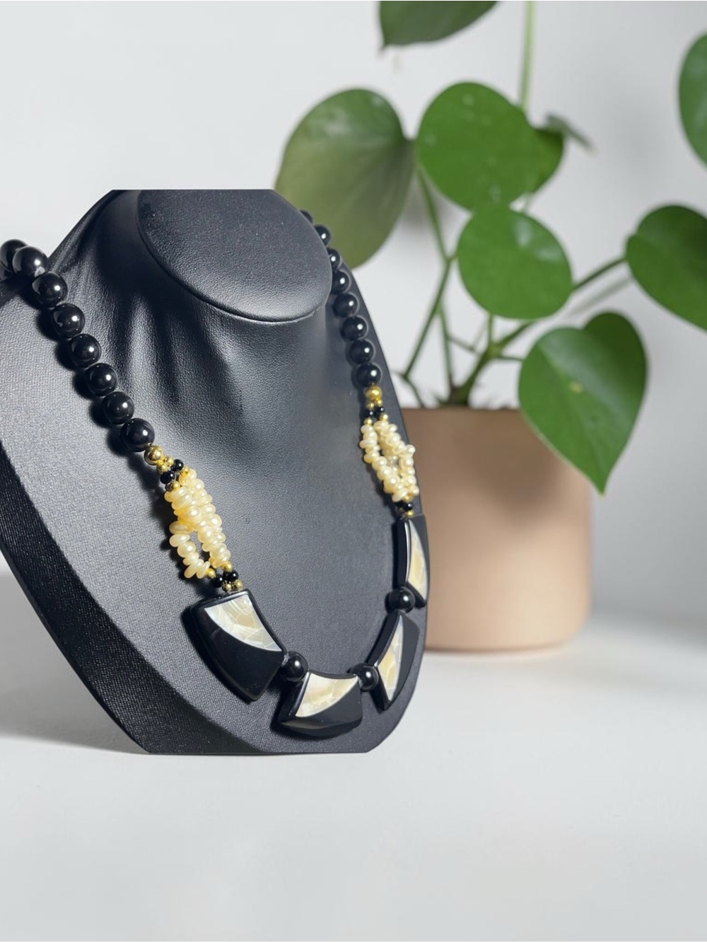 Black Faux Mother of Pearl Statement Necklace Faux Pearl Art Deco Style